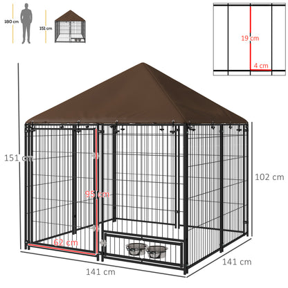 Outdoor Dog Kennel & Playpen | Waterproof Canopy | Lockable Gate | Rotating Bowl Holder | 2 Bowls Included | 141 x 141 x 151cm | Brown