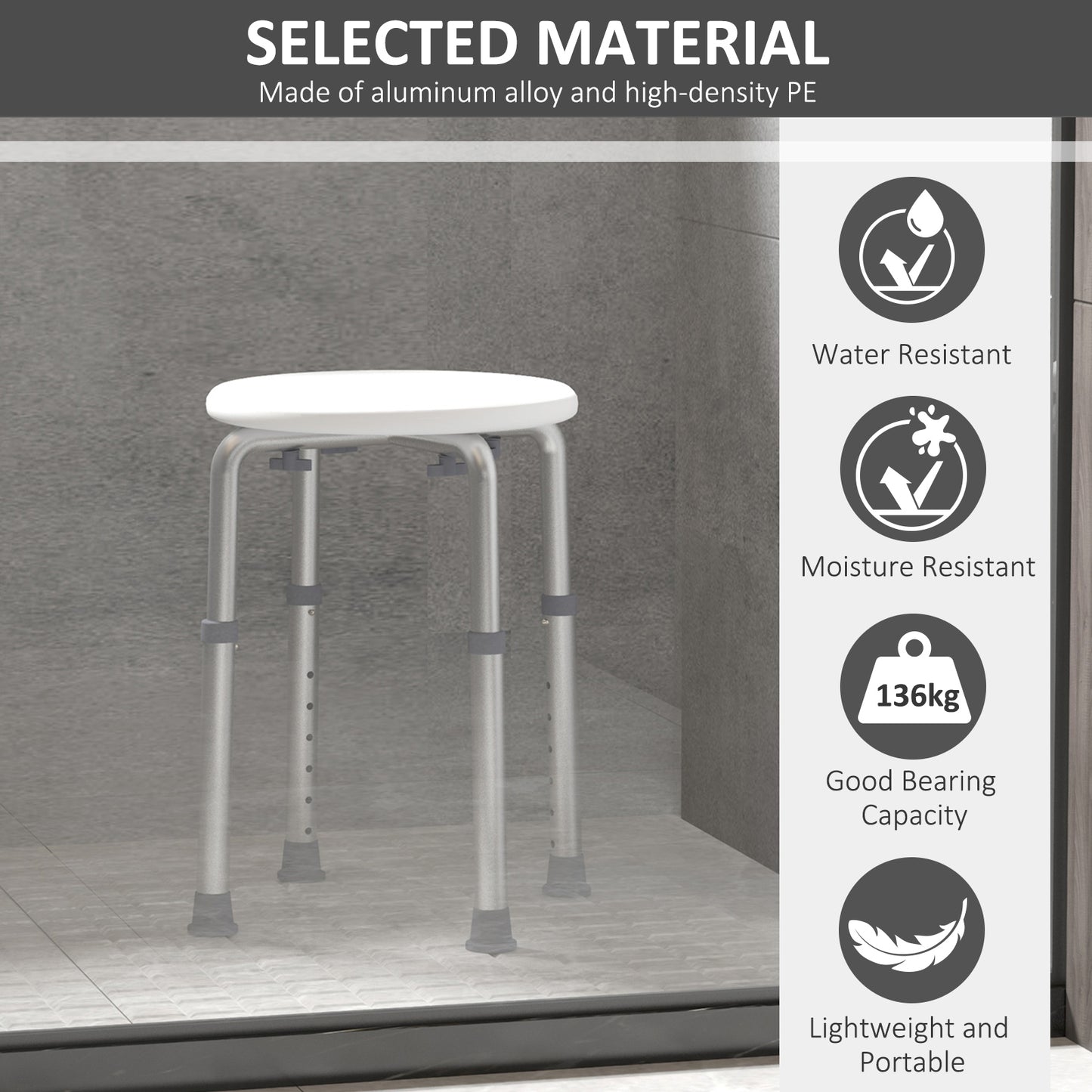 Adjustable Non-Slip Shower And Bath Stool,  32.5W x 41D x 35.5 - 54H cm - Cream White
