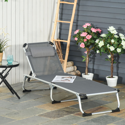 Outsunny Foldable Garden Lounger Camping Bed Cot w/ Pillow 5-Level Adjustable Back Aluminium Frame, 76H x 170L x 60W Grey