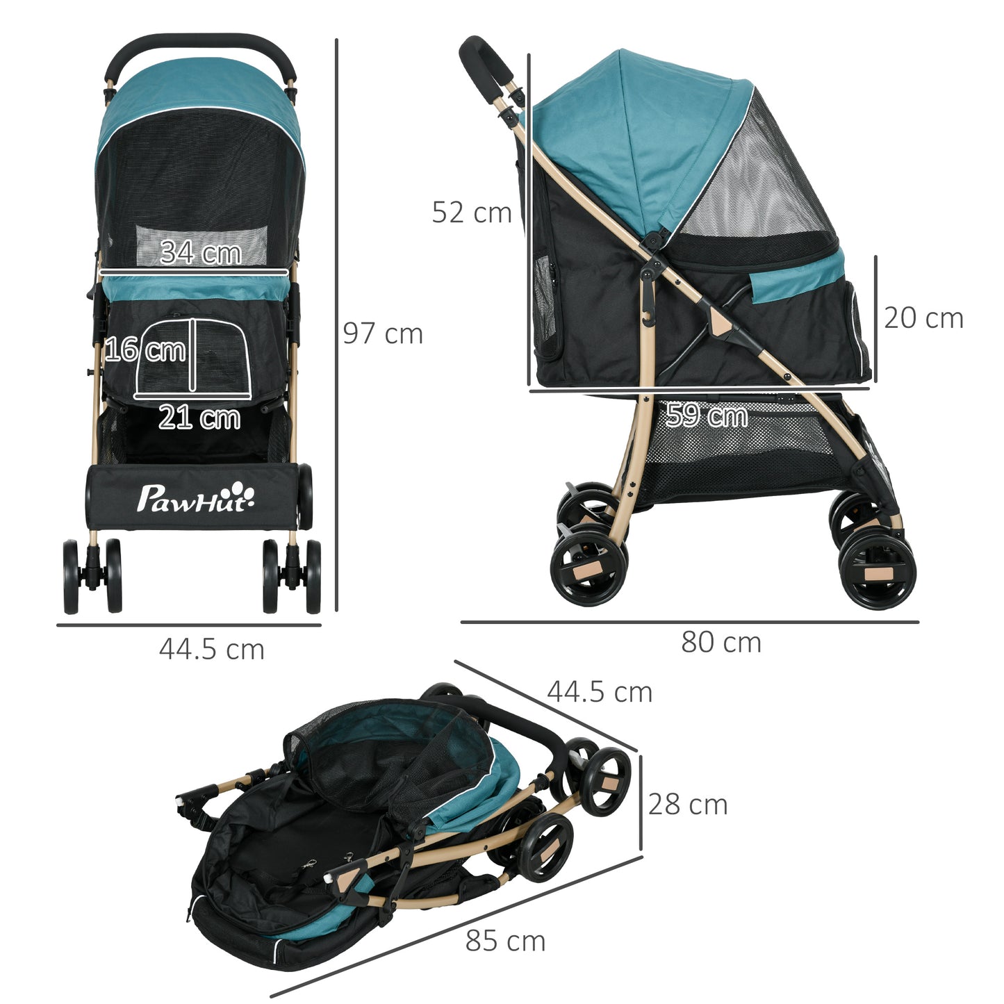 PawHut Oxford Pet Stroller for Small Minatare Dogs with Rain Cover Dark Green