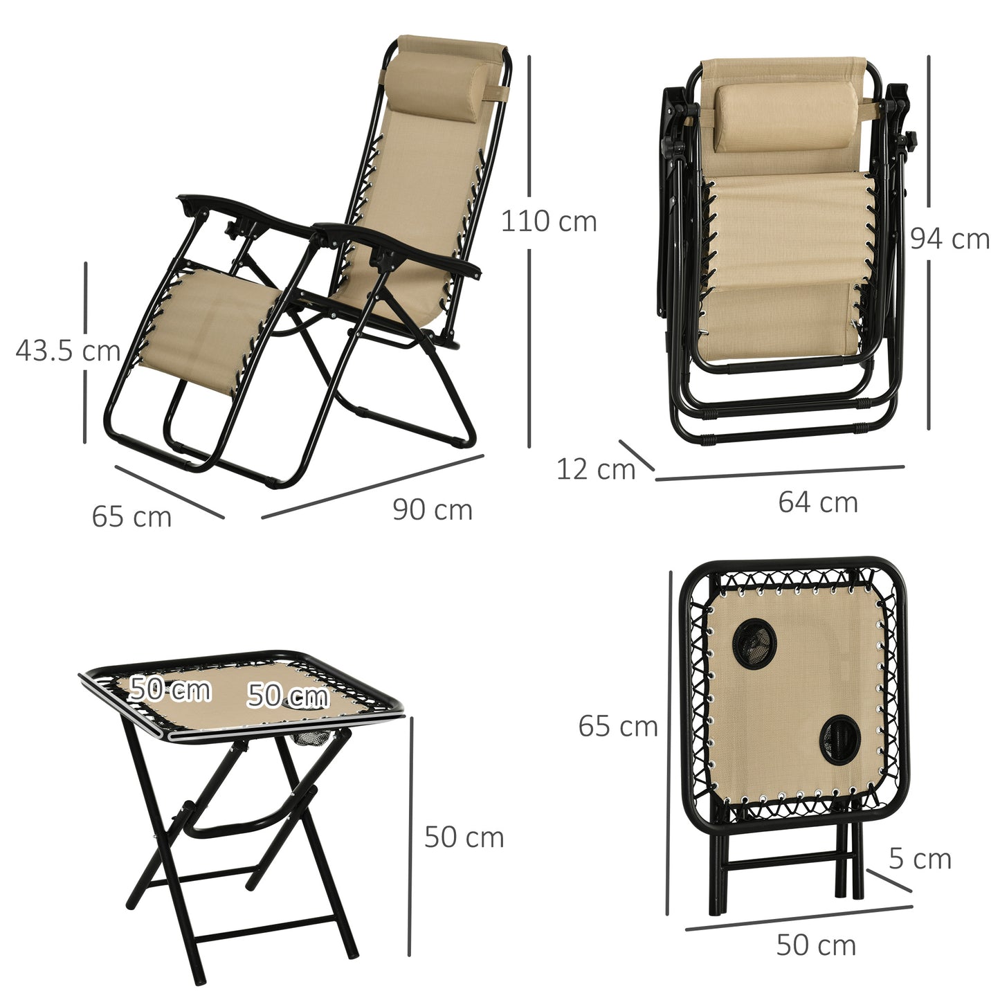 Outsunny 3 Piece Folding Zero Gravity Chairs Sun Lounger Table Set w/ Cup Holders Reclining Garden Yard Pool, Beige