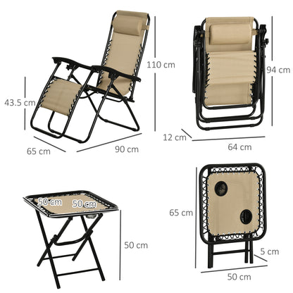 Outsunny 3 Piece Folding Zero Gravity Chairs Sun Lounger Table Set w/ Cup Holders Reclining Garden Yard Pool, Beige