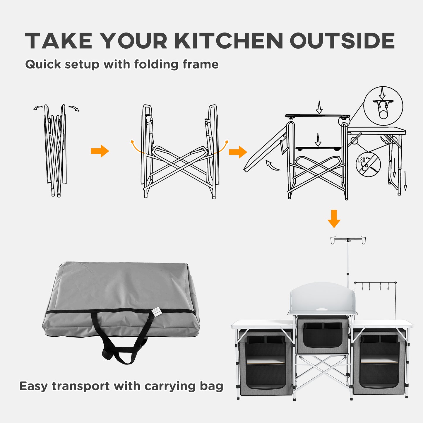 Folding Camping Kitchen, Portable Aluminium Camping Table with 3 Fabric Cupboards, Windshield, Light Stand, Carrying Bag for BBQ, RV, Picnic - Grey