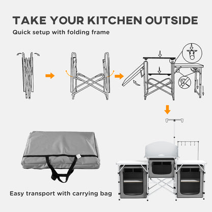 Folding Camping Kitchen, Portable Aluminium Camping Table with 3 Fabric Cupboards, Windshield, Light Stand, Carrying Bag for BBQ, RV, Picnic - Grey