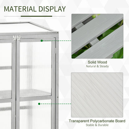 Outsunny Wooden Cold Frame Greenhouse Garden Polycarbonate Grow House w/ Adjustable Shelf, Double Doors, 76 x 47 x 110 cm, Grey