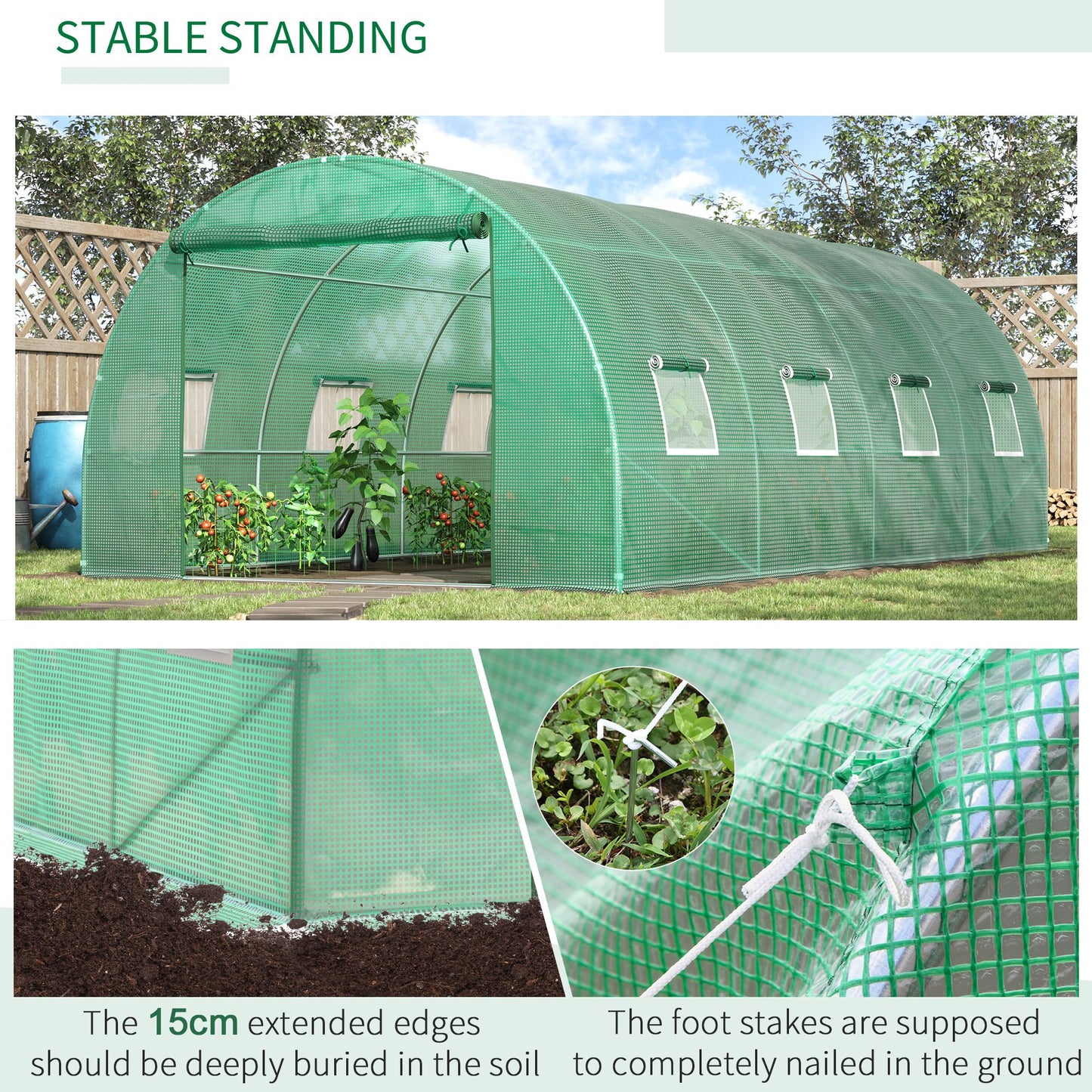 Outsunny 6 x 3 m Large Walk-In Greenhouse Garden Polytunnel Greenhouse with Steel Frame, Zippered Door and Roll Up Windows, Green
