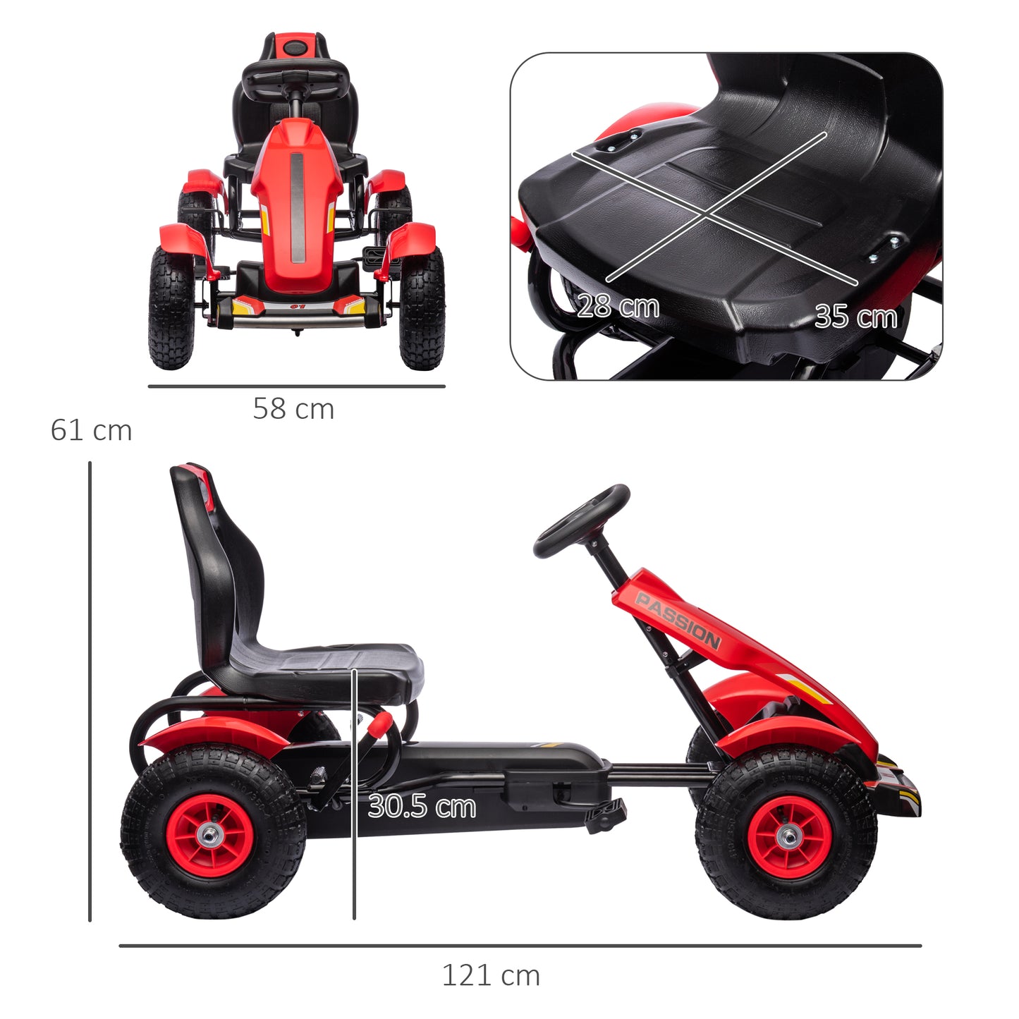 Children's Pedal Go Kart, Kids Ride On Racer with Adjustable Seat, Inflatable Rubber Tyres, Handbrake, for Ages 5-12 Years - Red