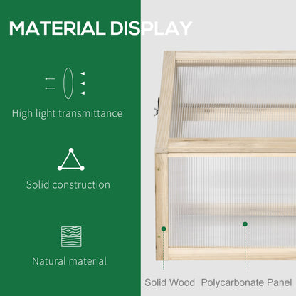 Outsunny Wooden Cold Frame Greenhouse Garden Polycarbonate Grow House with Openable Top for Flowers, Vegetables, Plants, 90 x 52 x 50cm, Natural