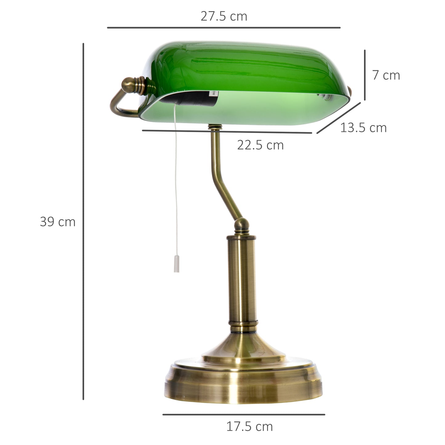 Banker's Table Lamp Desk Lamp with Antique Bronze Base, Green Glass Shade and Pull Rope Switch for Home Office,  Living Room,Dining Room