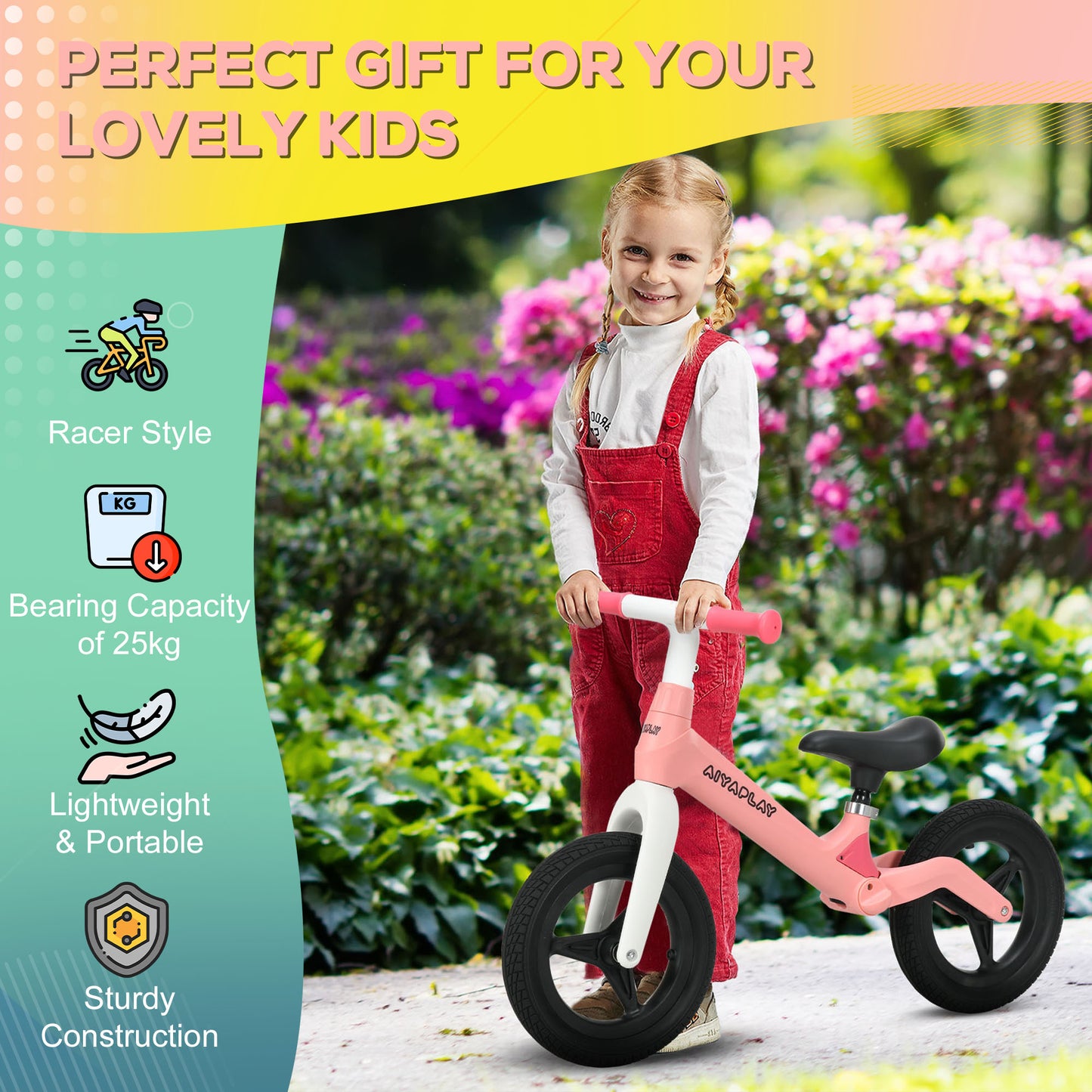 AIYAPLAY Balance Bike Toddler with Adjustable Seat and Handlebar, PU Wheels, No Pedal, Aged 30-60 Months up to 25kg - Pink