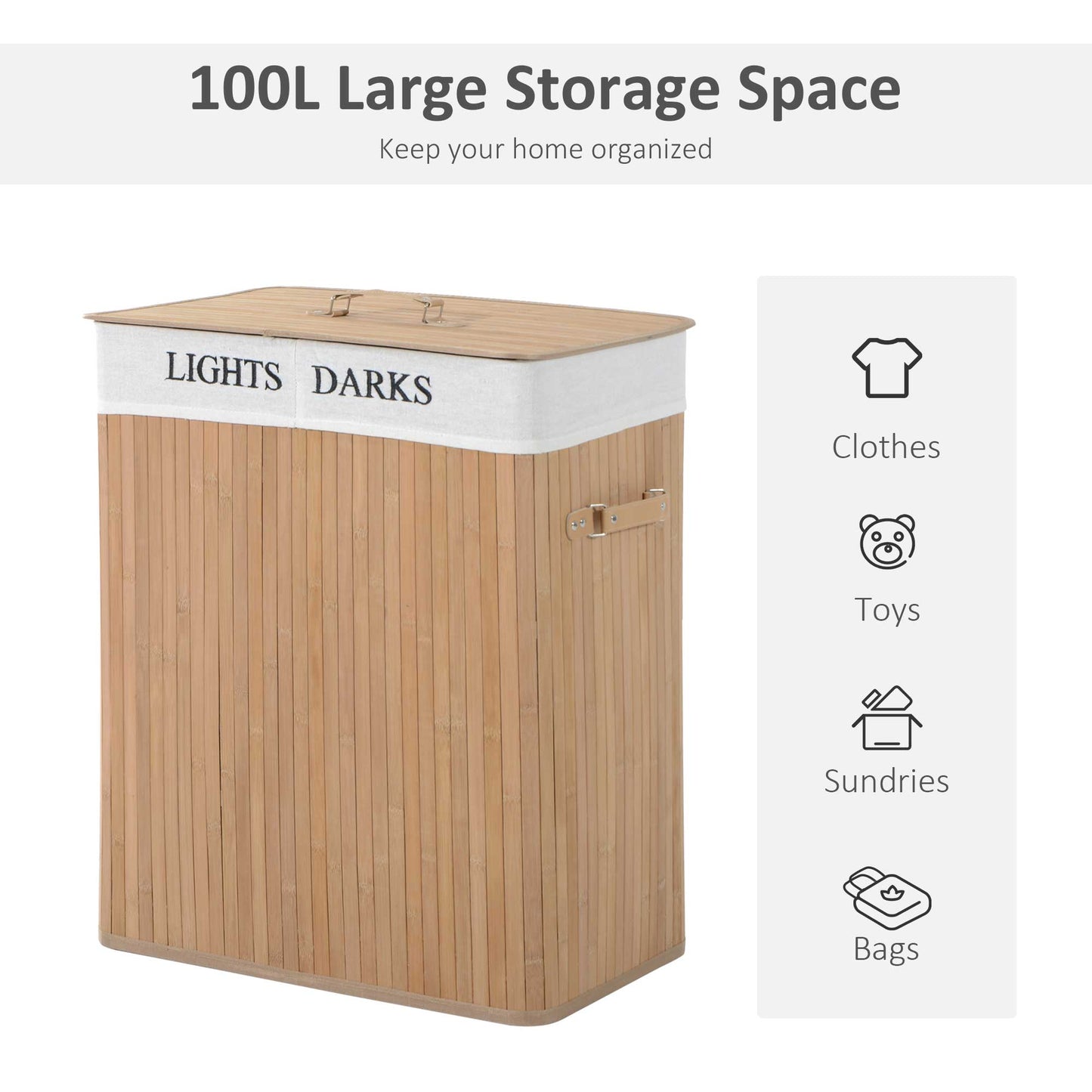 Collapsible Natural Wood Laundry Hamper Organizer Clothes Washing Basket Bin Storage Box w/Lid Removable Lining 52x32x63cm, Wood Colour 100L