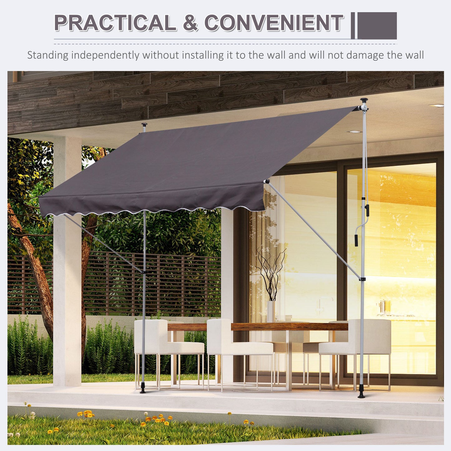 Outsunny Balcony 3 x 1.5m Manual Adjustable Awning DIY Patio Clamp Awning Canopy  Retractable Shade Shelter - Grey