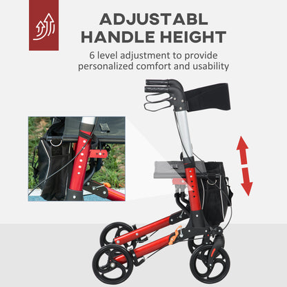 Folding Rollator With Seat & Backrest, Lightweight w/ Adjustable Handle Height, 4 Wheeled Walking Assist - Red