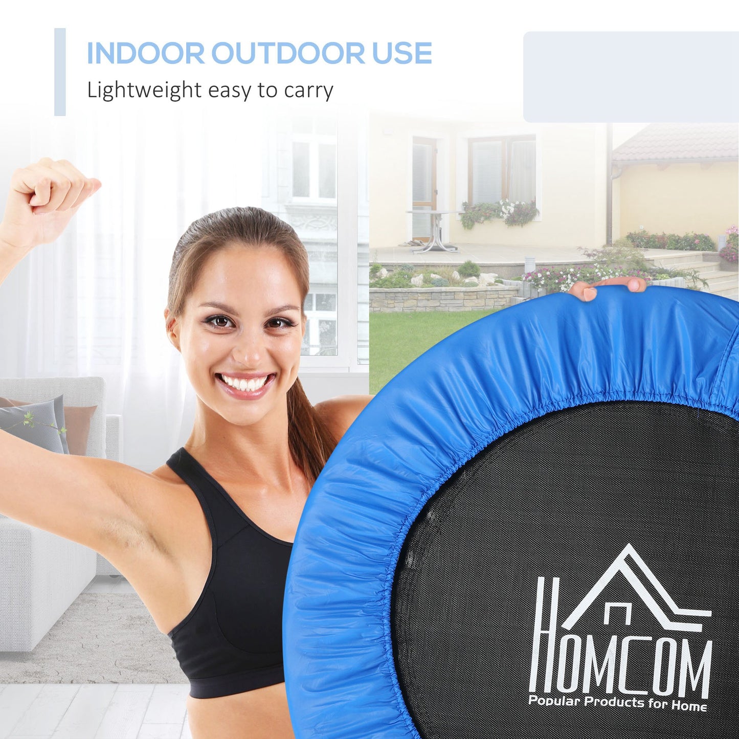 Φ100cm Foldable Mini Fitness Trampoline Home Gym Yoga Exercise Rebounder Indoor Outdoor Jumper w/ Safety Pad, Blue and Black