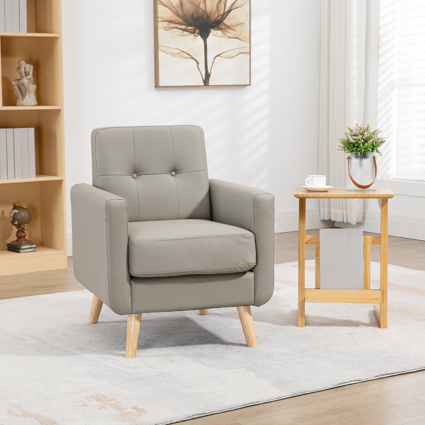 Modern Accent Chair, Tufted Living Room Chairs, PU Leather Armchair for Bedroom, Home Office, Grey