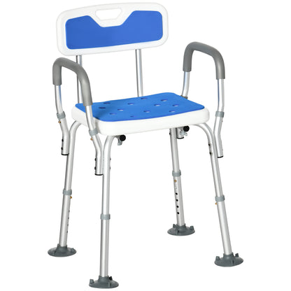 Bathroom Shower Stool Seat EVA Padded, Height Adjustable With Back and Arms, 4 Suction Foot Pads, Blue