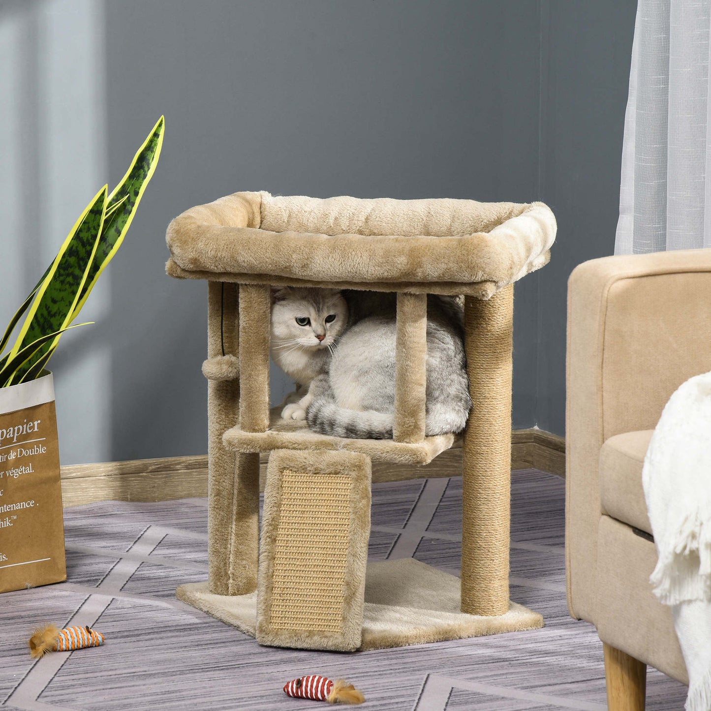 PawHut Cat tree Tower Climbing Activity Centre Kitten Furniture With Jute Scratching Pad Ball Toy Condo Perch Bed Post 40 x 40 x 57cm Coffee