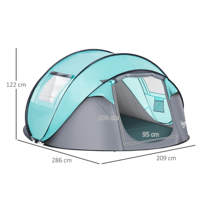 Outsunny 4 Person Pop Up Camping Tent with Vestibule Weatherproof Cover, Instant Backpacking Tent w/ Carry Bag for Fishing Hiking, Tiffany Blue