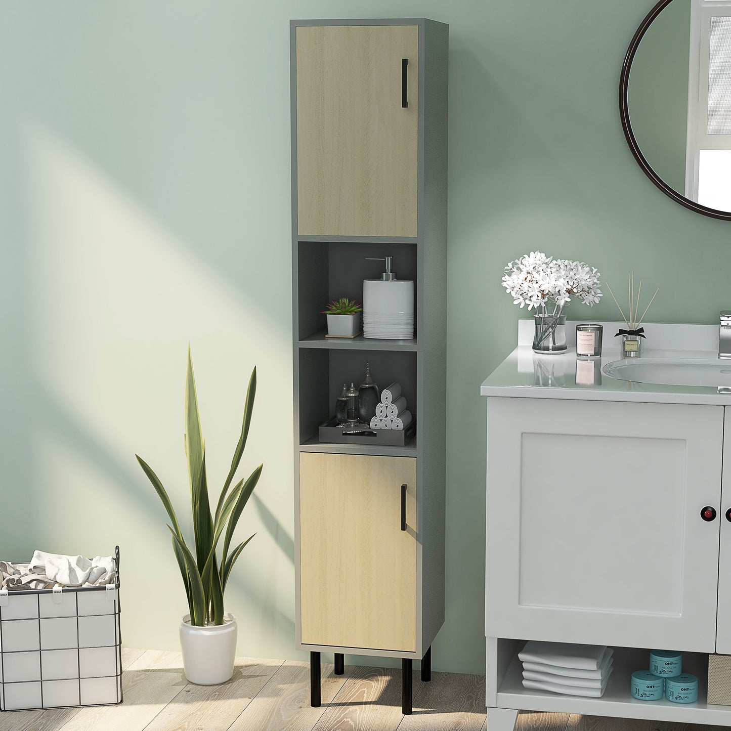 Kleankin Free Standing Bathroom Cabinets, Tall Bathroom Cabinet with Door and Adjustable Shelves, 31.4x30x165cm