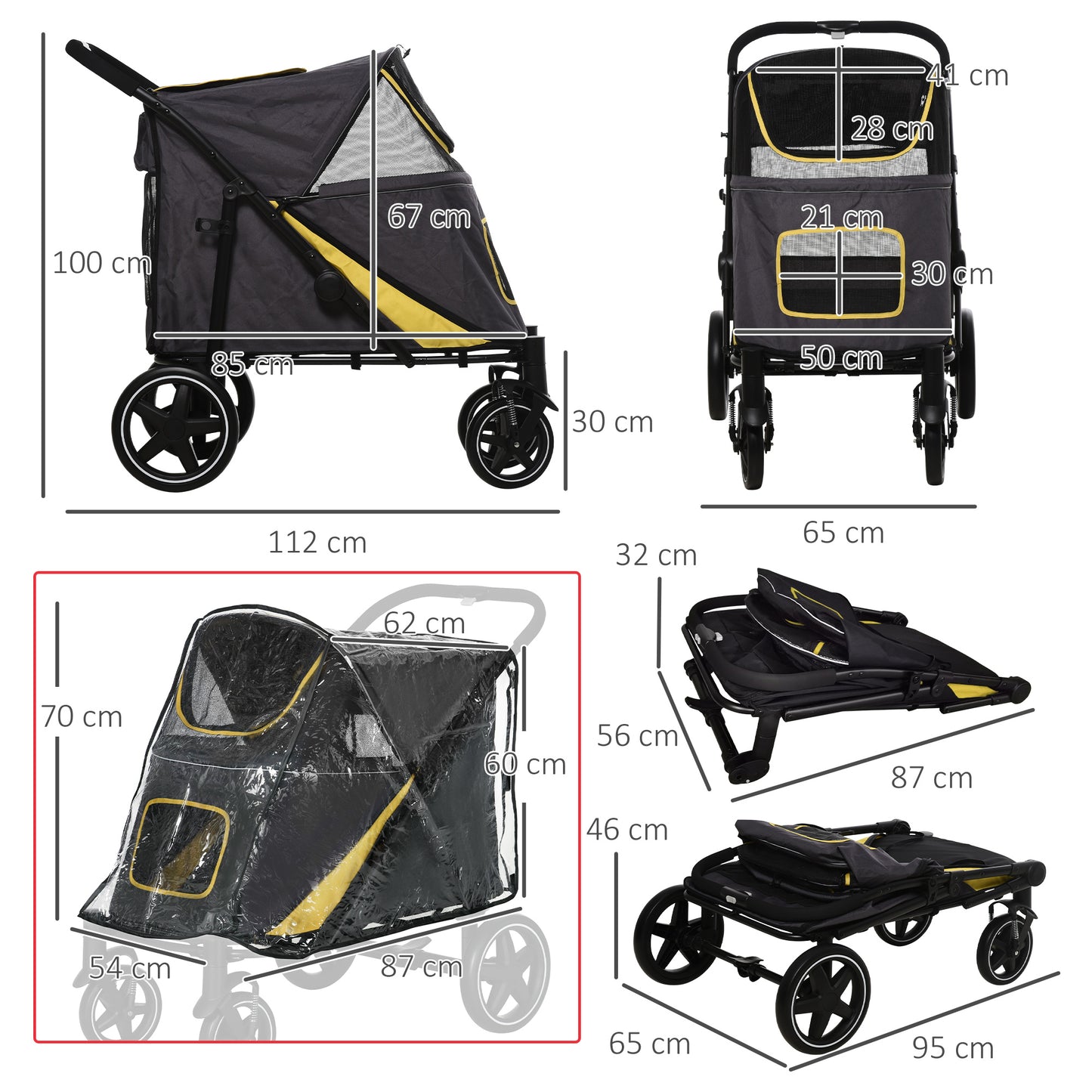 PawHut One-Click Foldable Pet Travel Stroller with Rain Cover, Cat Dog Pushchair with Front Wheels, Shock Absorber, Storage Bags, Mesh