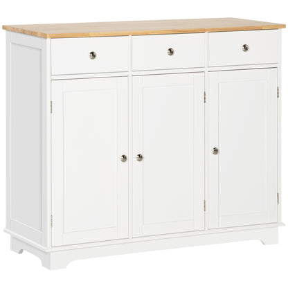 Modern Sideboard with Rubberwood Top, Buffet Cabinet with Storage Cabinets, Drawers and Adjustable Shelves for Living Room, Kitchen, White