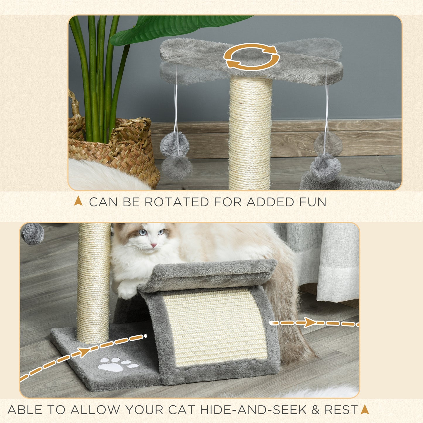Pawhut Cat Scratching Post Cat Tree Kitten Scratcher Kitty Activity Play Centre Sisal Rotatable Top Bar Tunnel Dangling Ball Light Grey